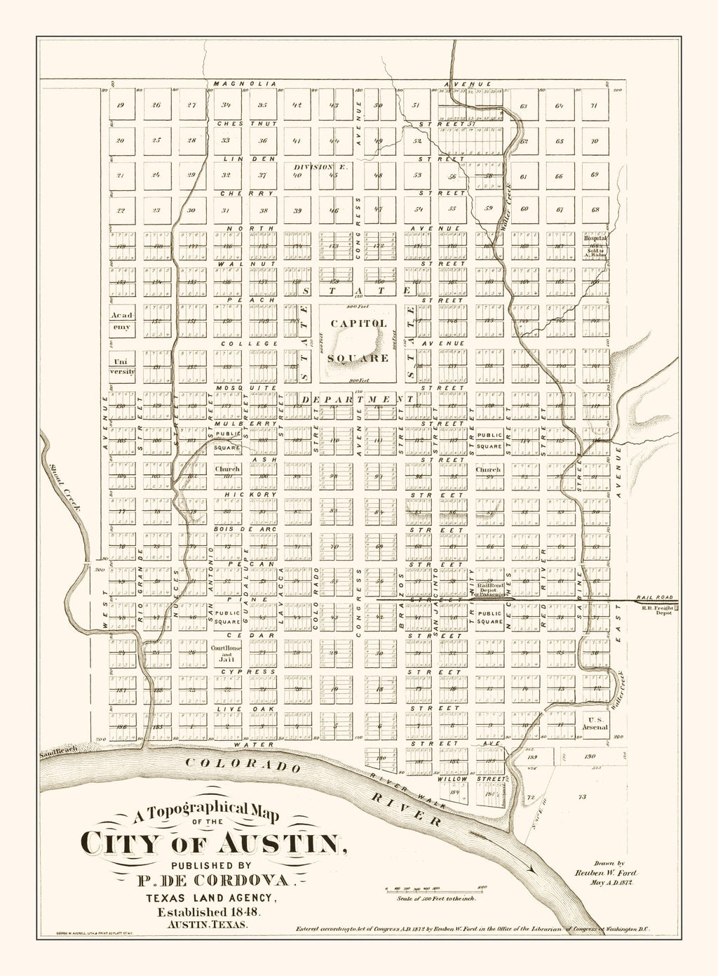 Vintage Map of Austin, Texas 1872