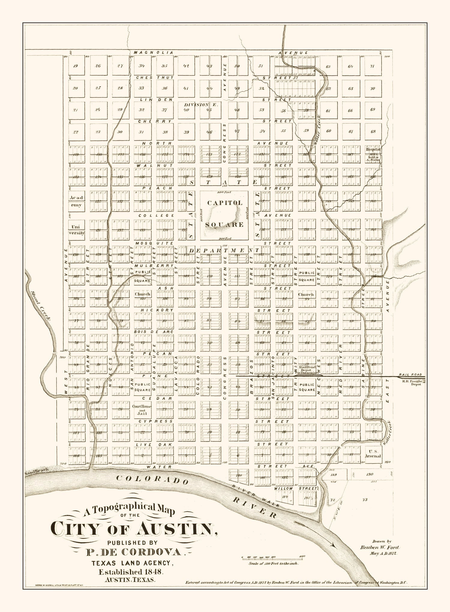 Vintage Map of Austin, Texas 1872
