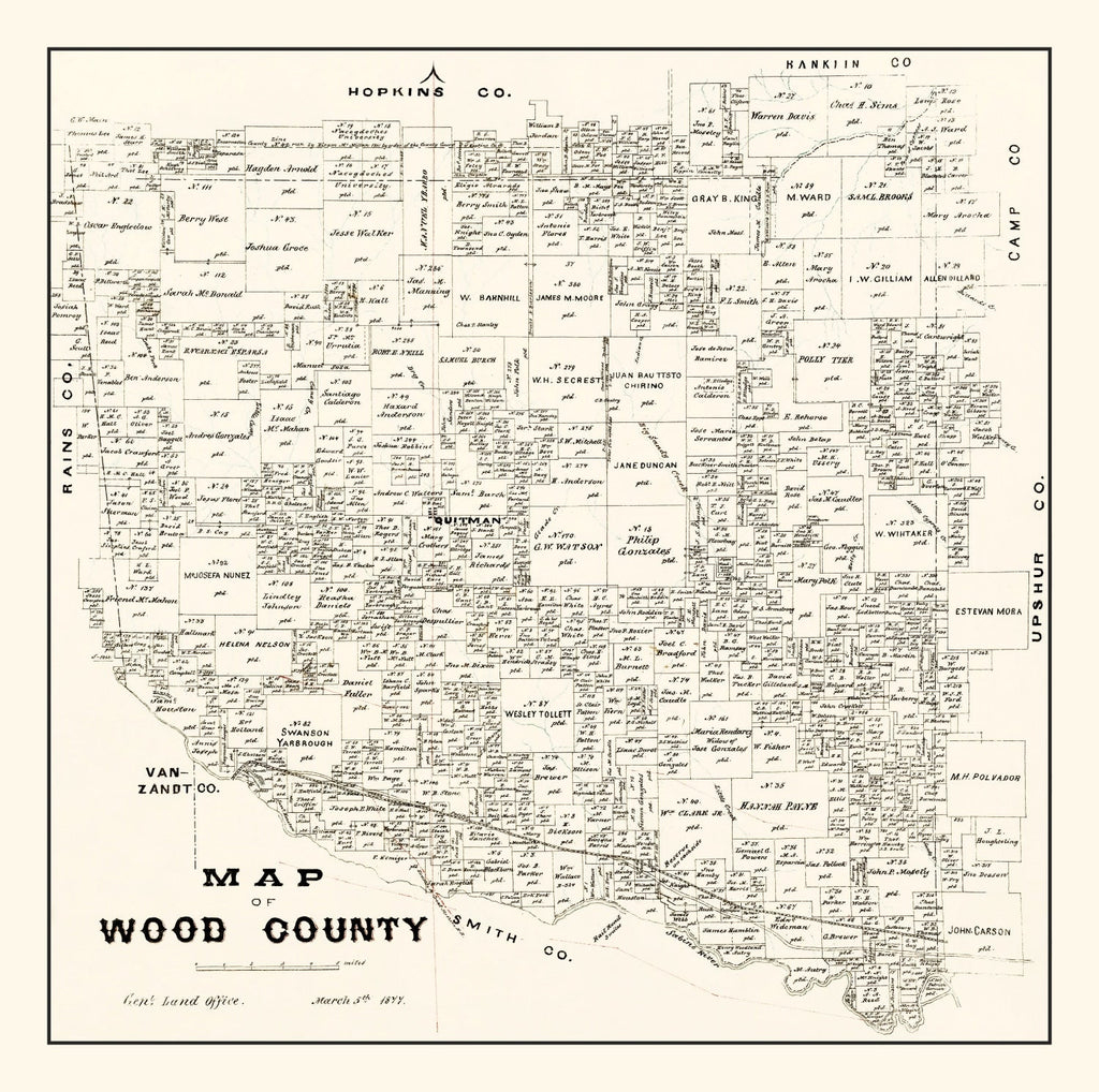 Vintage Map of Wood County, Texas 1877