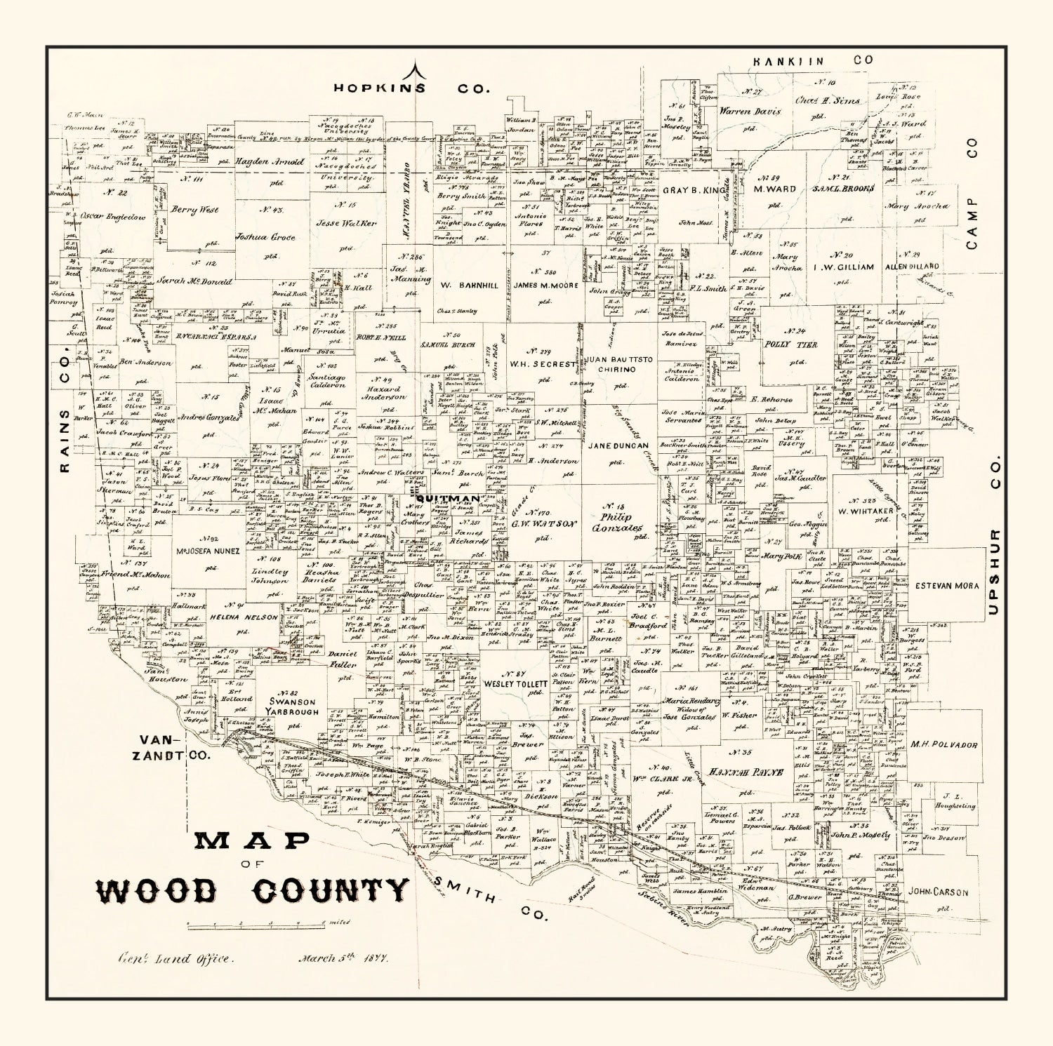 Vintage Map of Wood County, Texas 1877