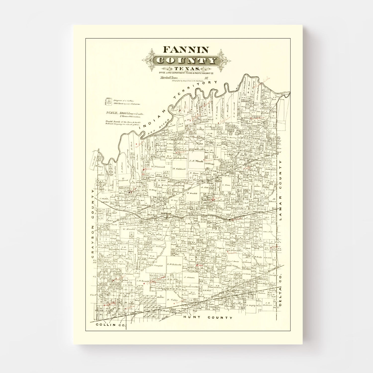 Vintage Map of Fannin County, Texas 1870