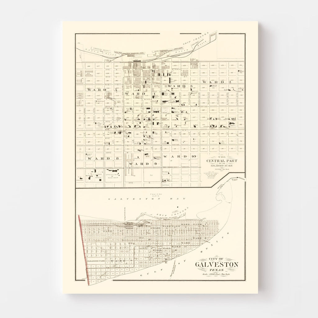 Vintage Map of Galveston, Texas 1889