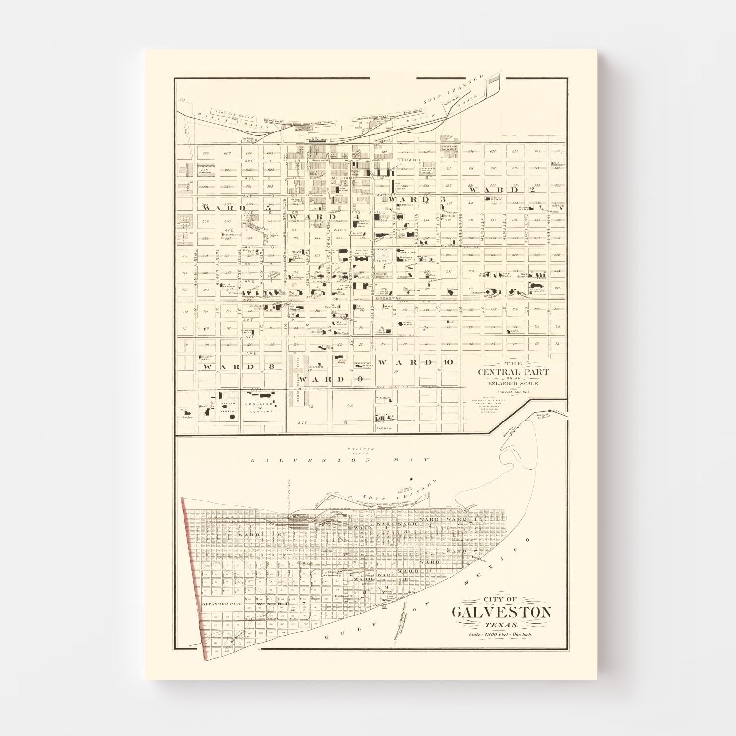Vintage Map of Galveston, Texas 1889