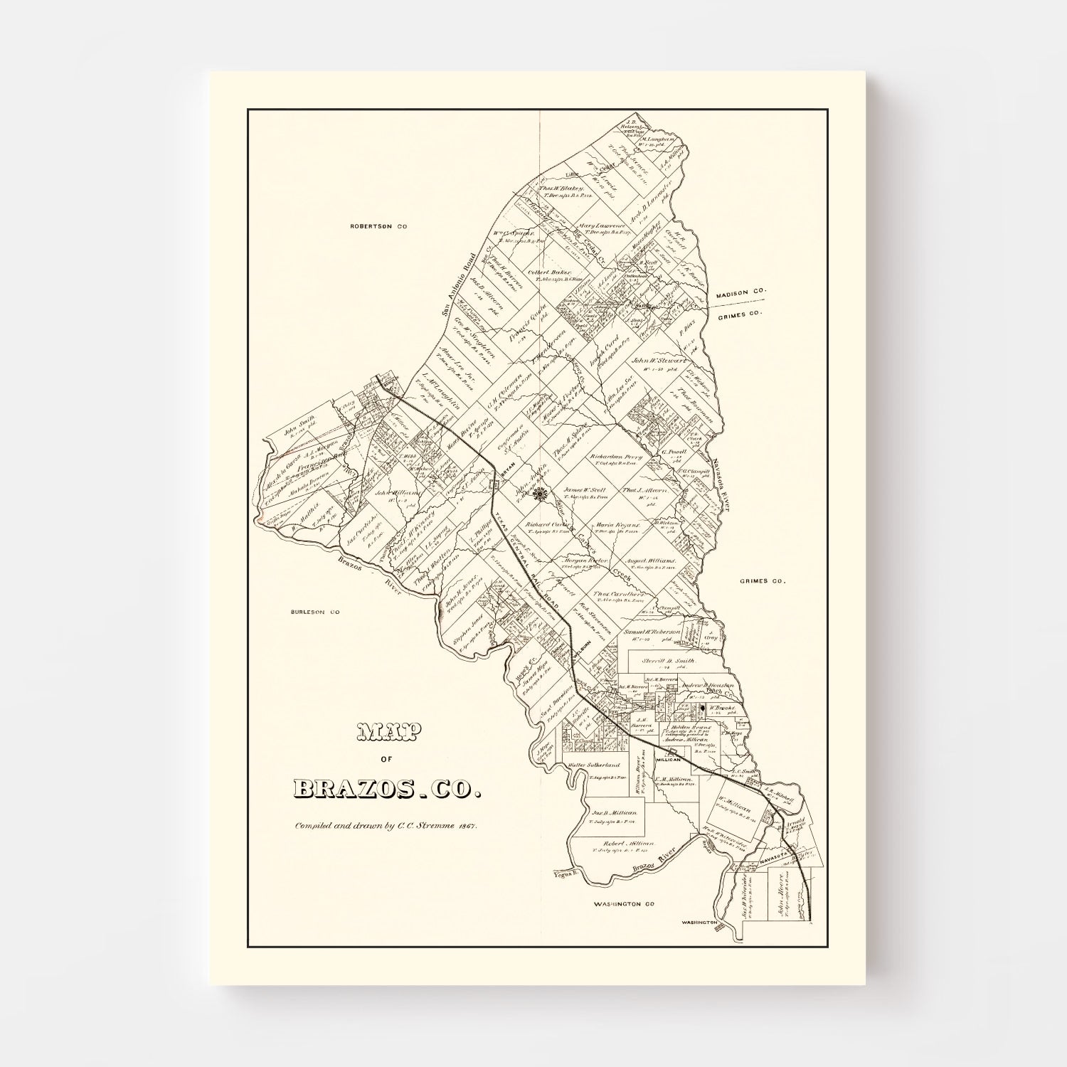 Vintage Map of Brazos County, Texas 1867