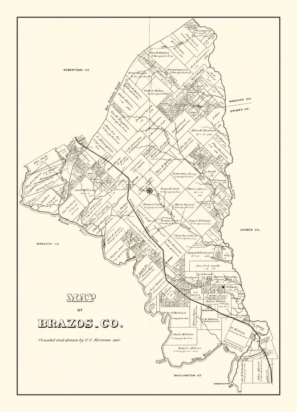Vintage Map of Brazos County, Texas 1867
