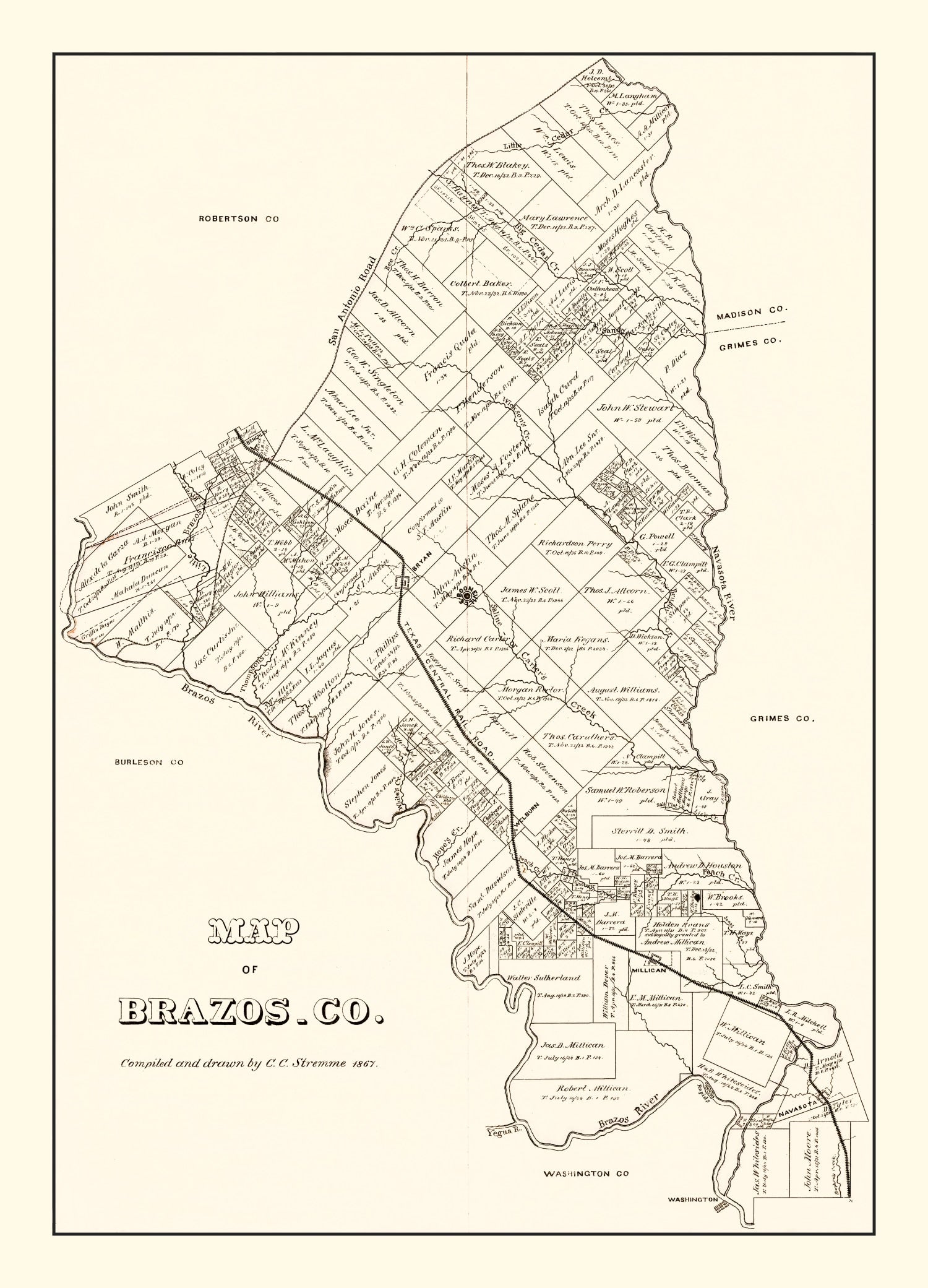 Vintage Map of Brazos County, Texas 1867