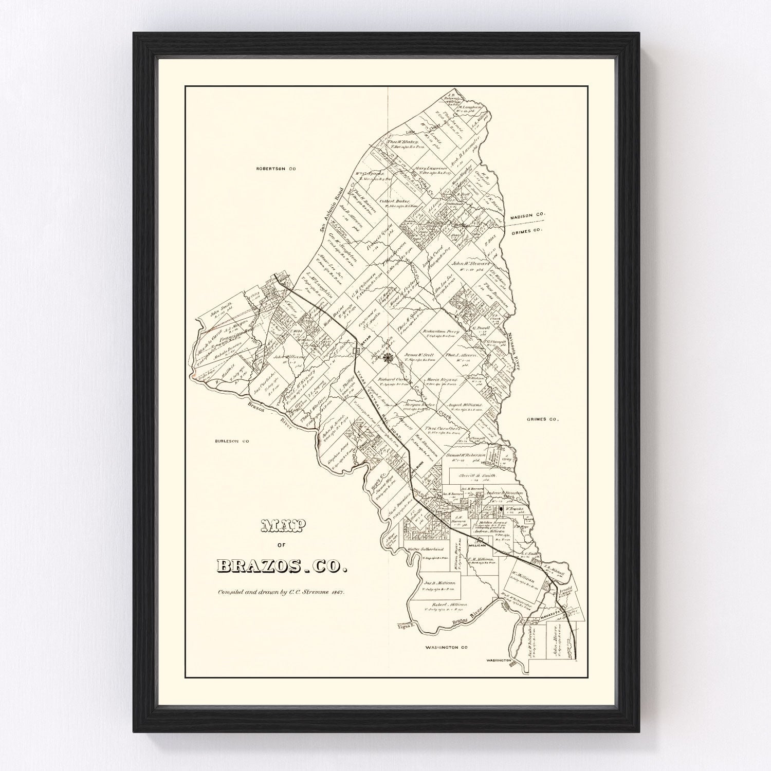 Vintage Map of Brazos County, Texas 1867