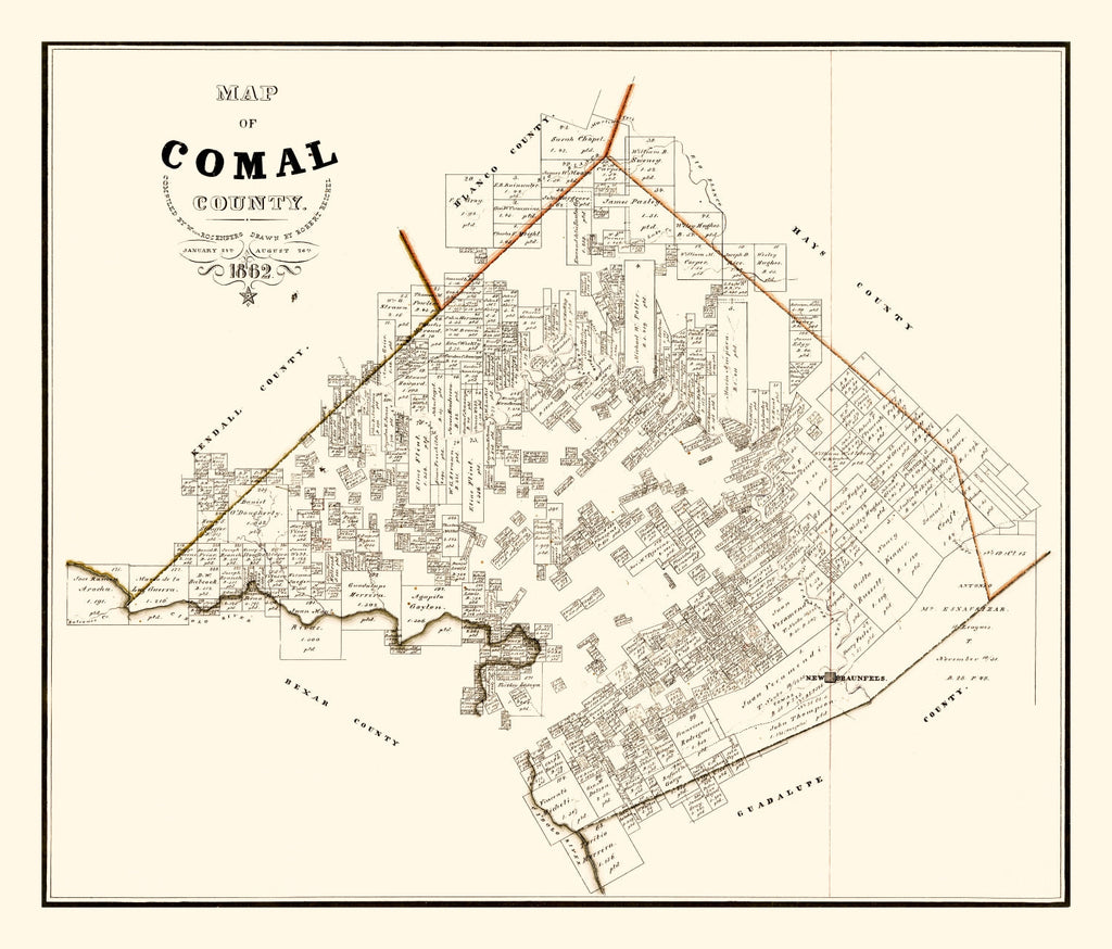 Vintage Map of Comal County, Texas 1862
