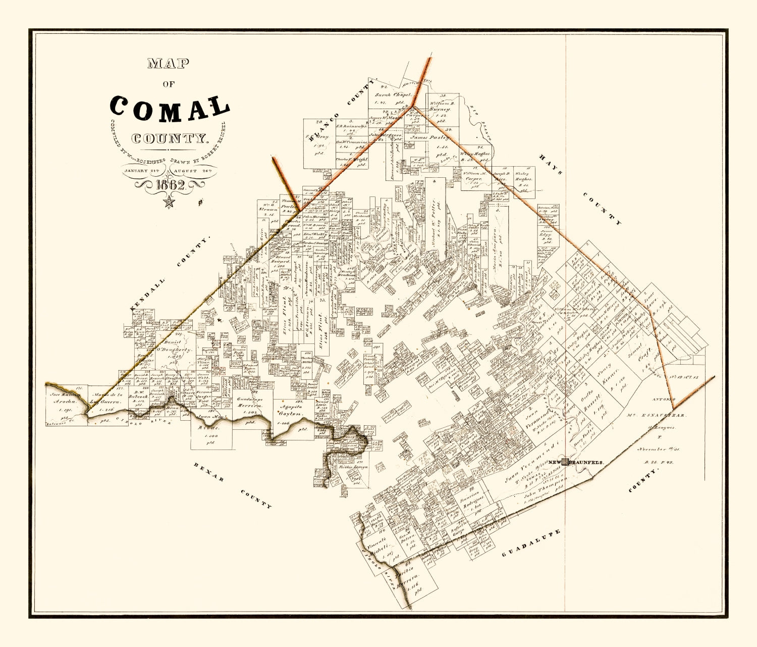 Vintage Map of Comal County, Texas 1862