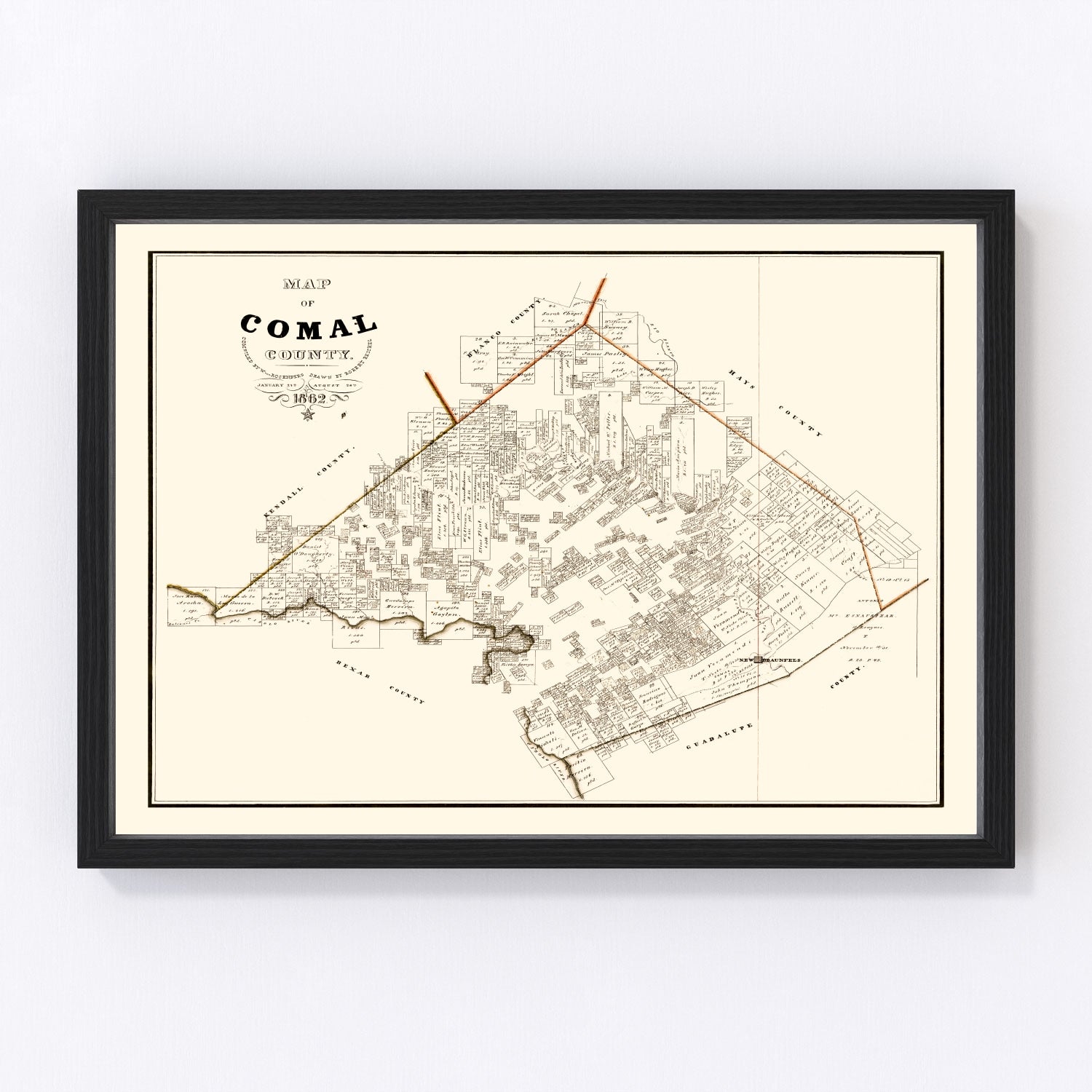 Vintage Map of Comal County, Texas 1862