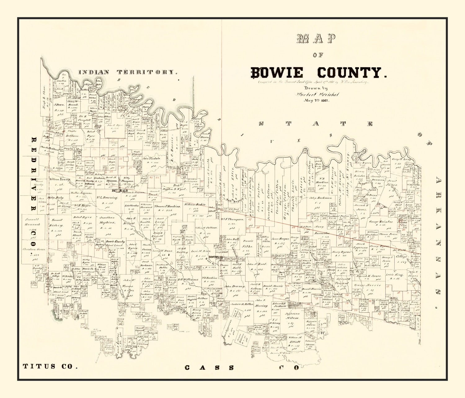 Vintage Map of Bowie County, Texas 1860