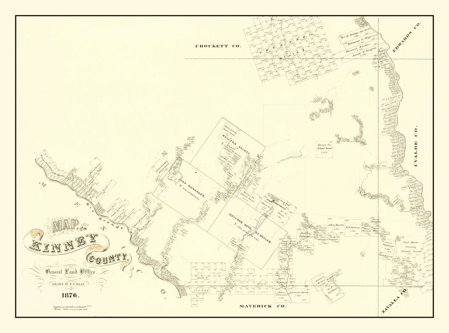 Vintage Map of Kinney County, Texas 1876