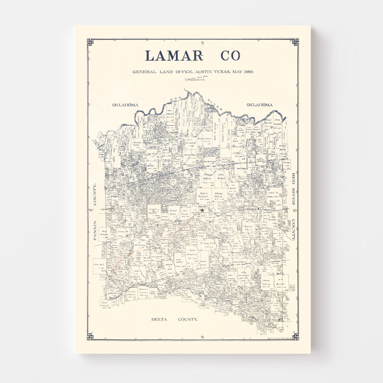 Vintage Map of Lamar County, Texas 1889