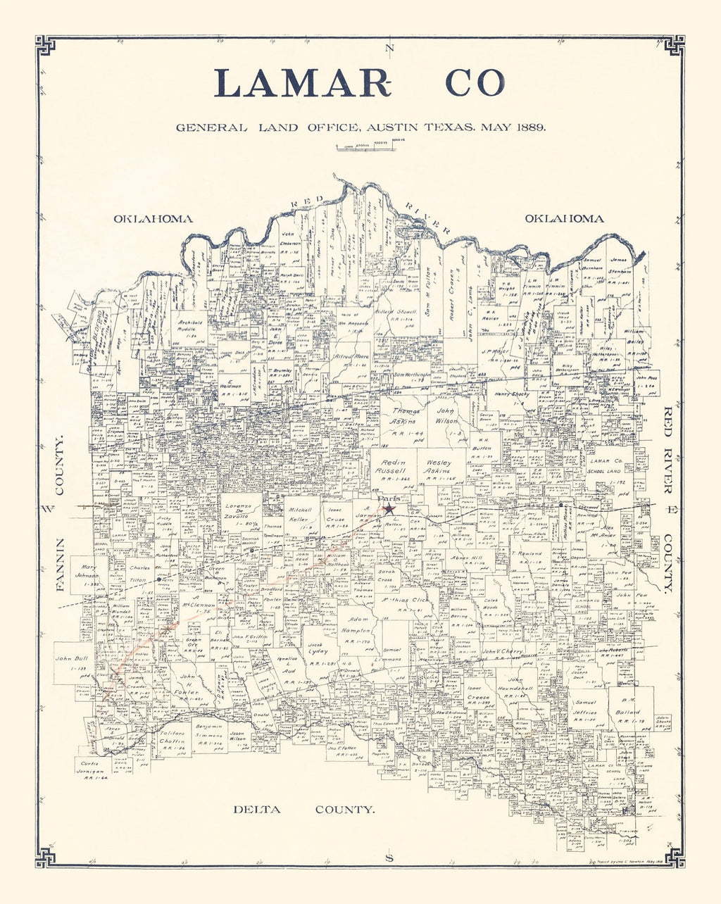 Vintage Map of Lamar County, Texas 1889