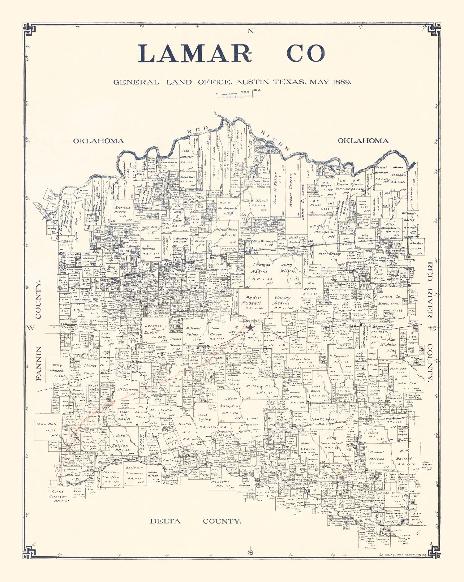 Vintage Map of Lamar County, Texas 1889