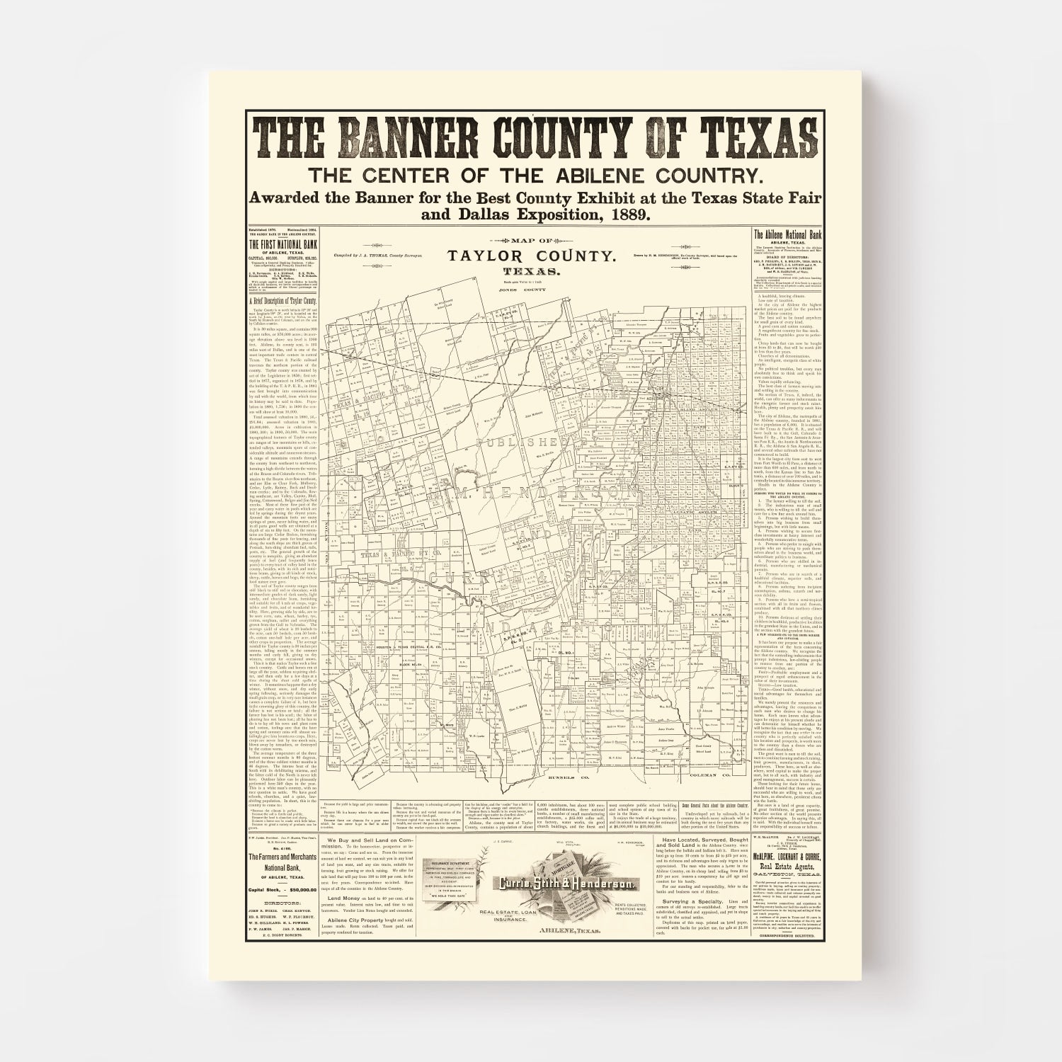 Vintage Map of Taylor County, Texas 1889