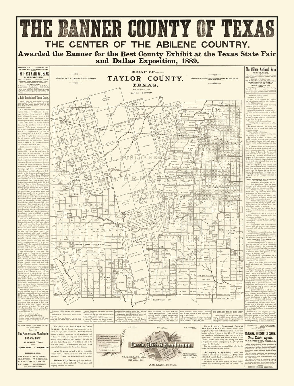 Vintage Map of Taylor County, Texas 1889