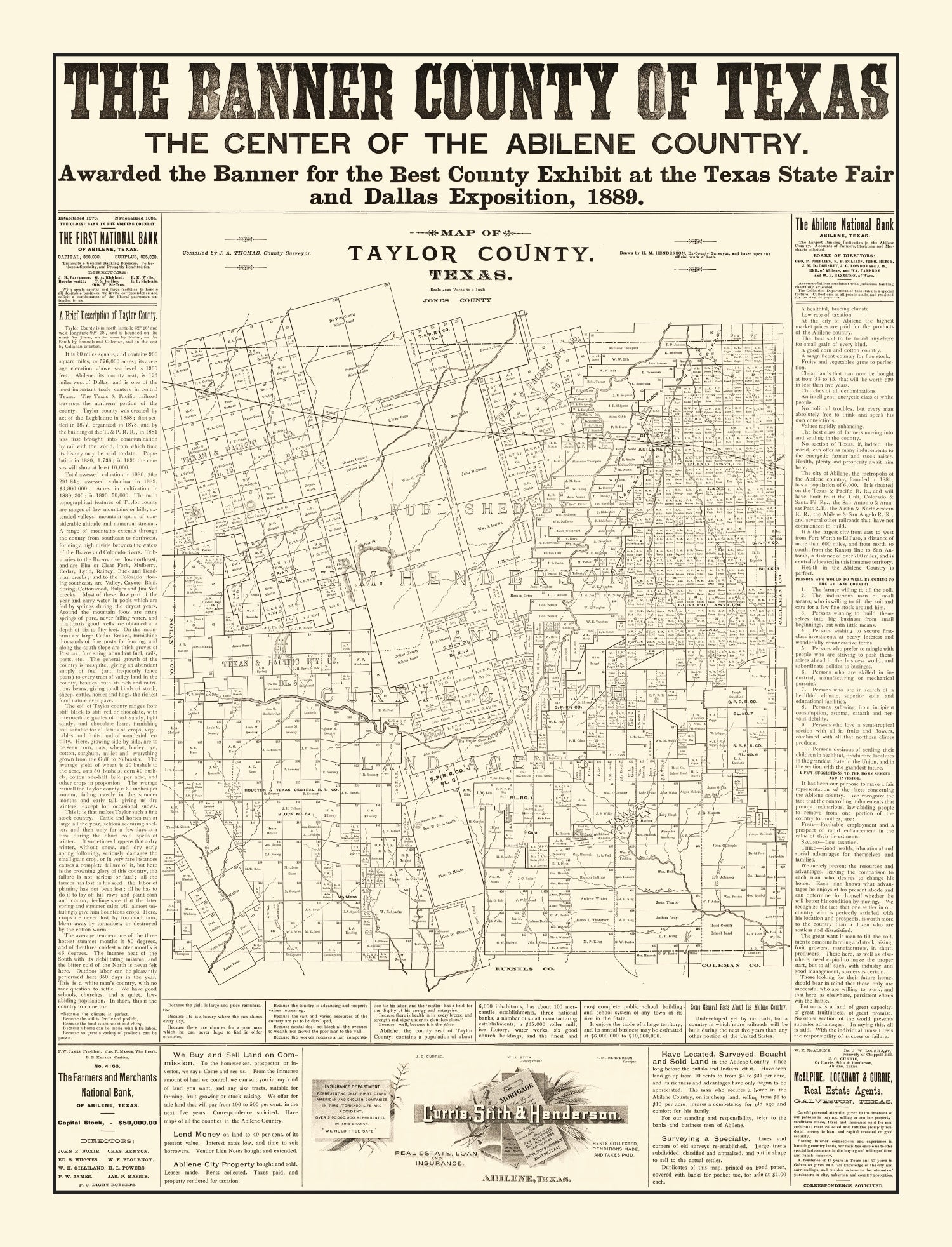 Vintage Map of Taylor County, Texas 1889