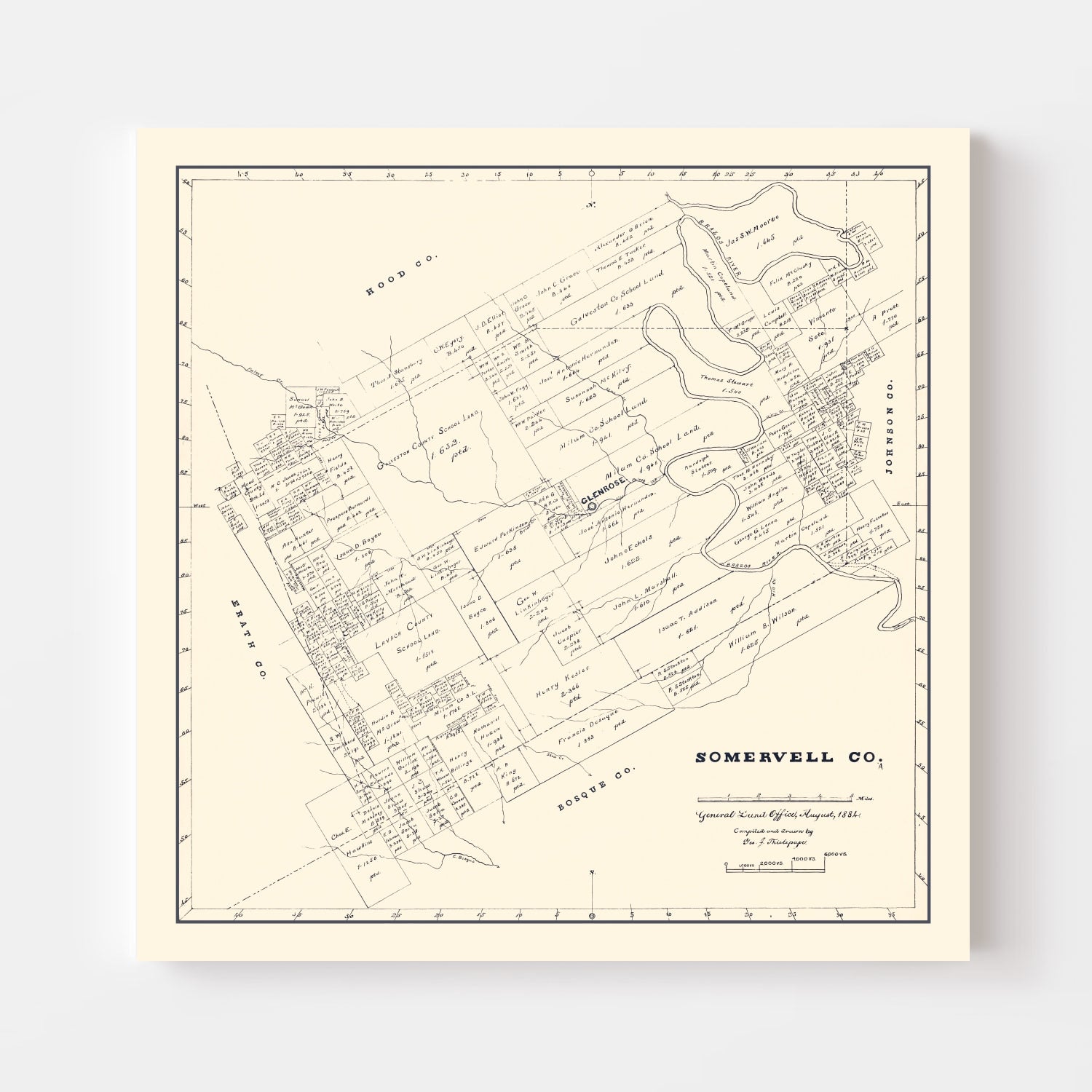 Vintage Map of Somervell County, Texas 1884