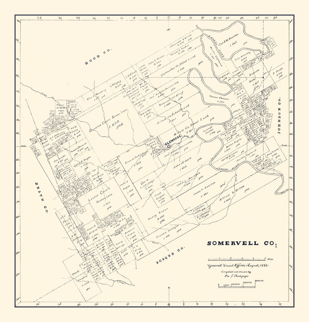Vintage Map of Somervell County, Texas 1884