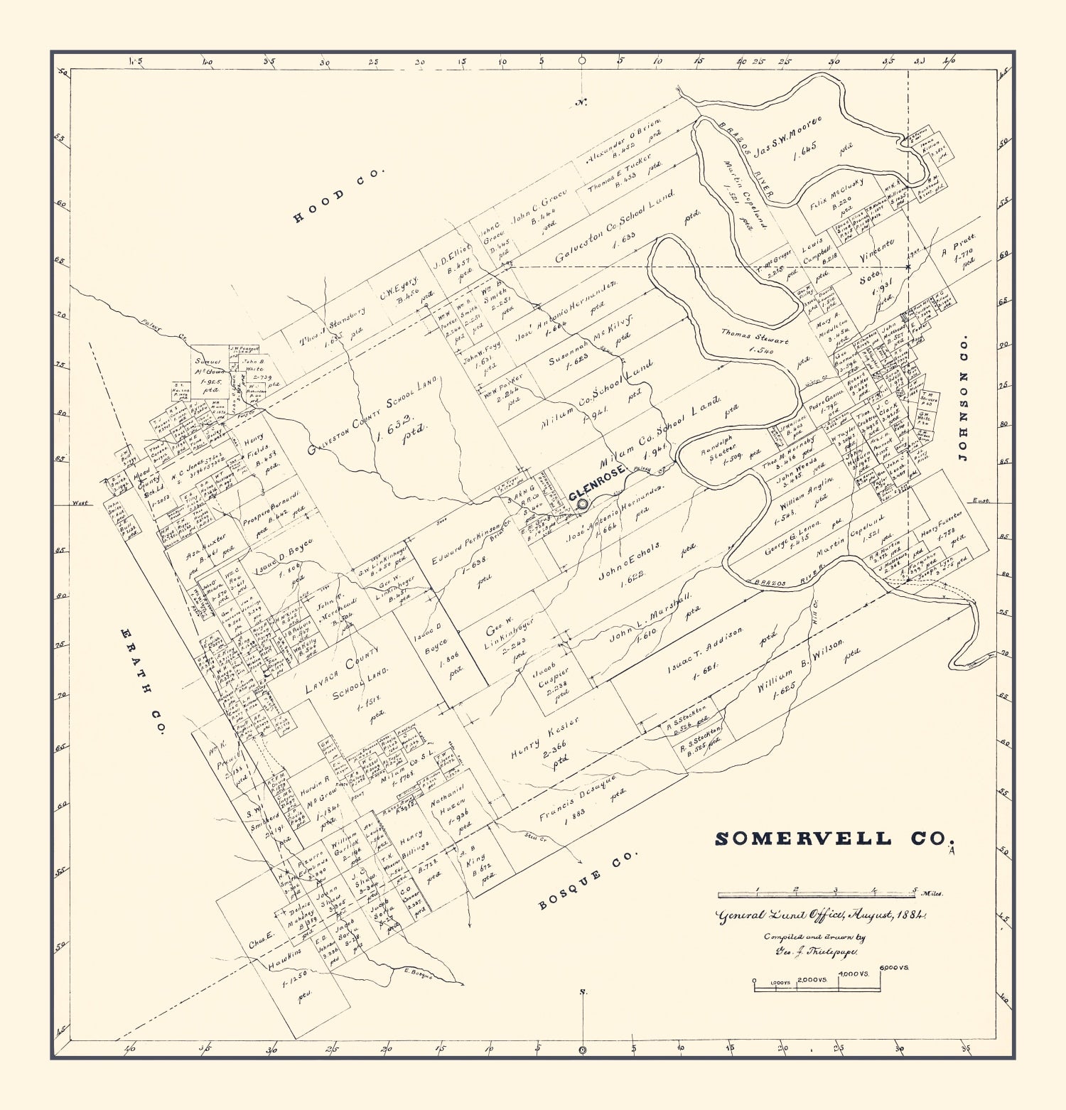 Vintage Map of Somervell County, Texas 1884