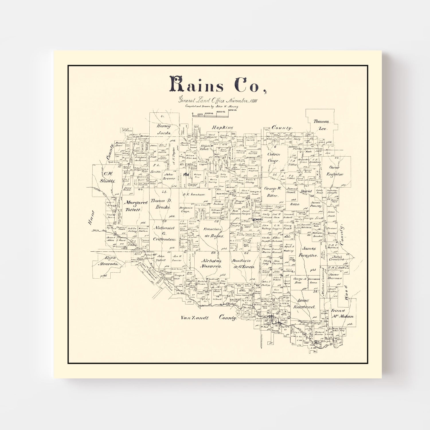 Vintage Map of Rains County, Texas 1888