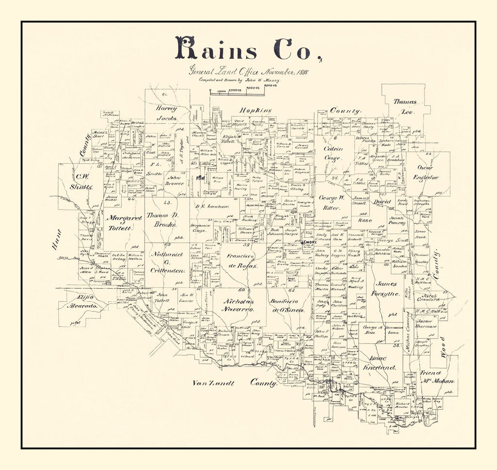 Vintage Map of Rains County, Texas 1888