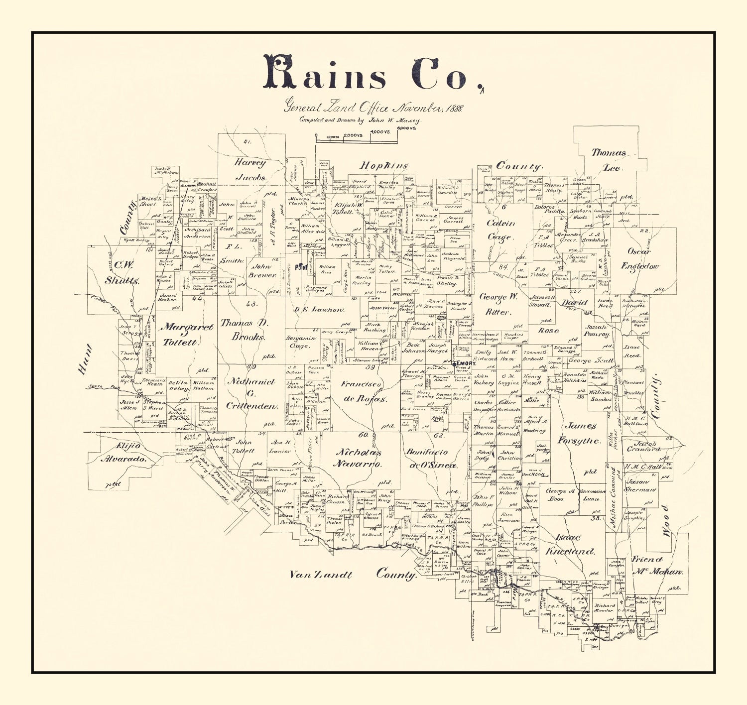 Vintage Map of Rains County, Texas 1888