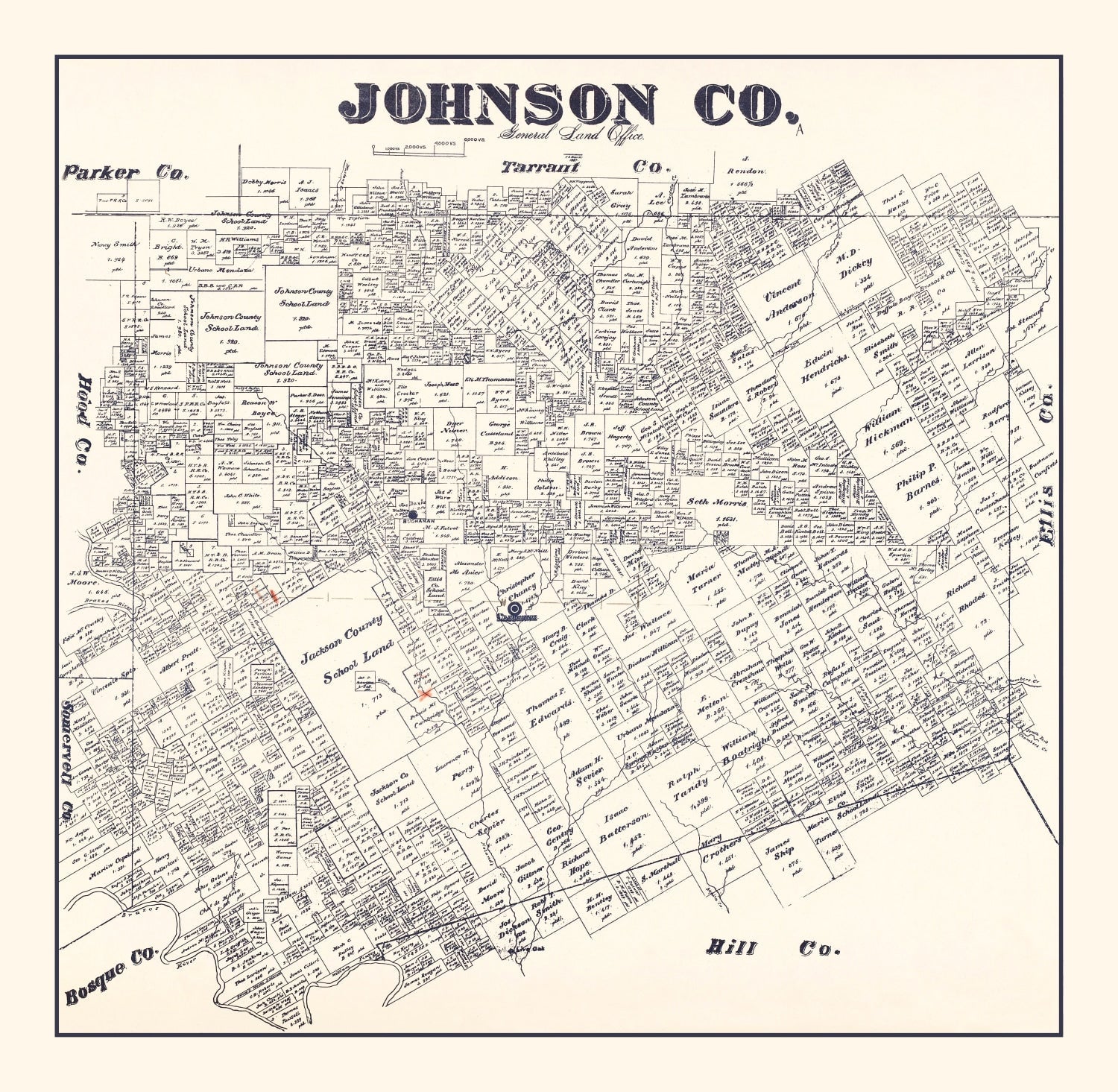 Vintage Map of Johnson County, Texas 1887