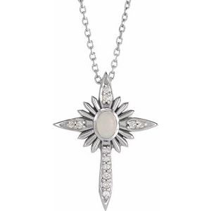 Platinum Natural White Opal & .06 CTW Natural Diamond Nativity Cross 16-18" Necklace