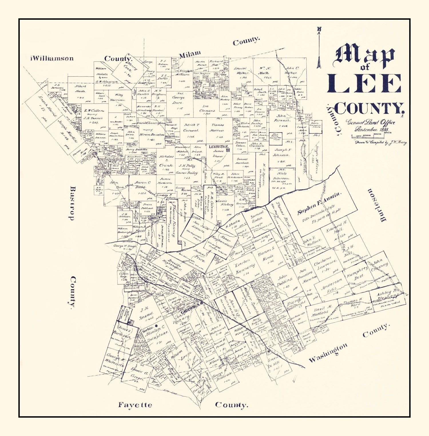 Vintage Map of Lee County, Texas 1888