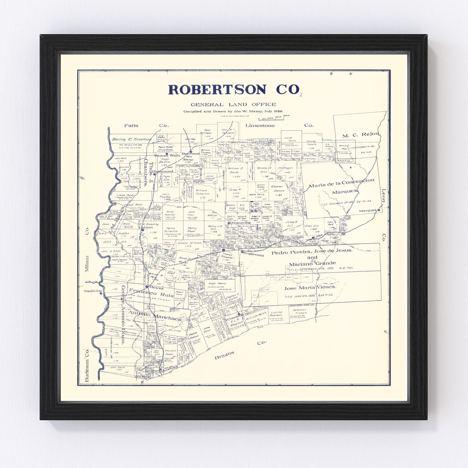 Vintage Map of Robertson County, Texas 1889