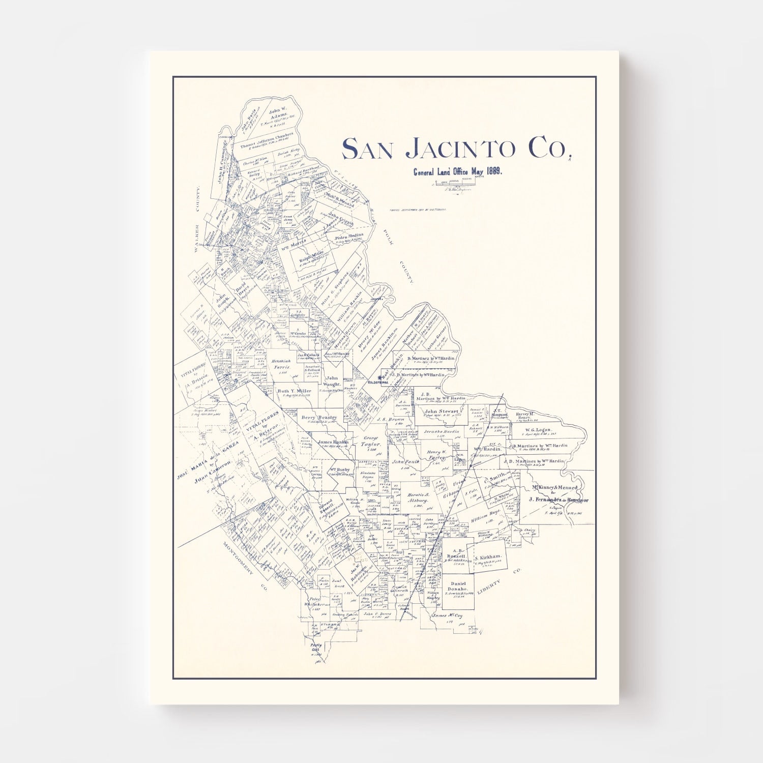 Vintage Map of San Jacinto County, Texas 1889