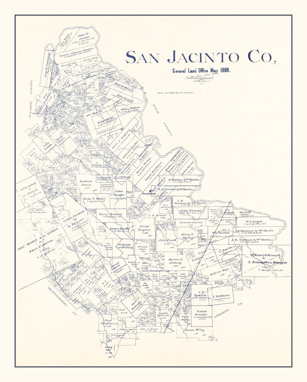 Vintage Map of San Jacinto County, Texas 1889