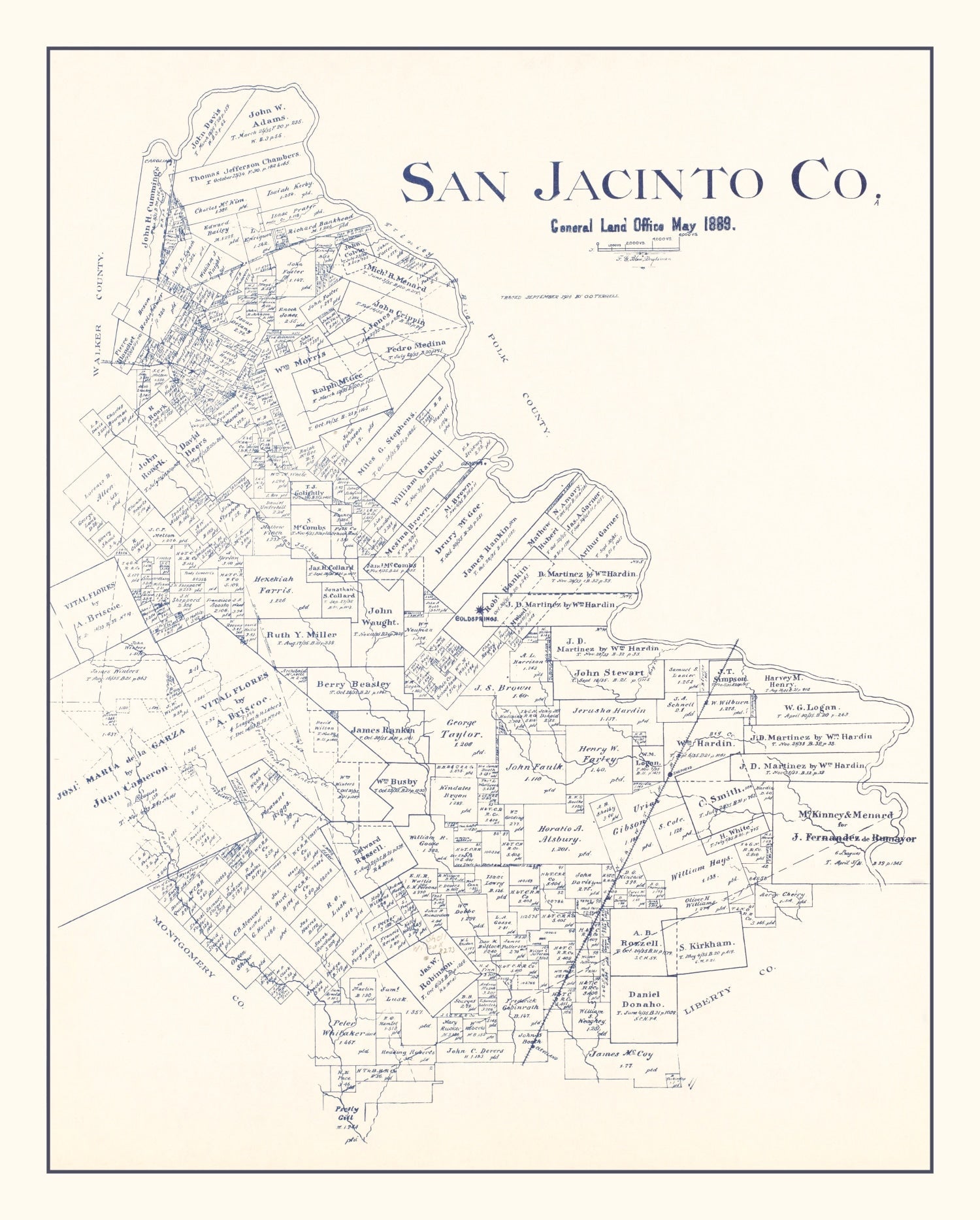 Vintage Map of San Jacinto County, Texas 1889