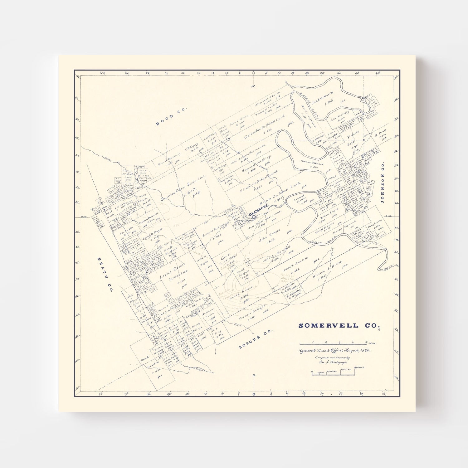 Vintage Map of Somervell County, Texas 1884
