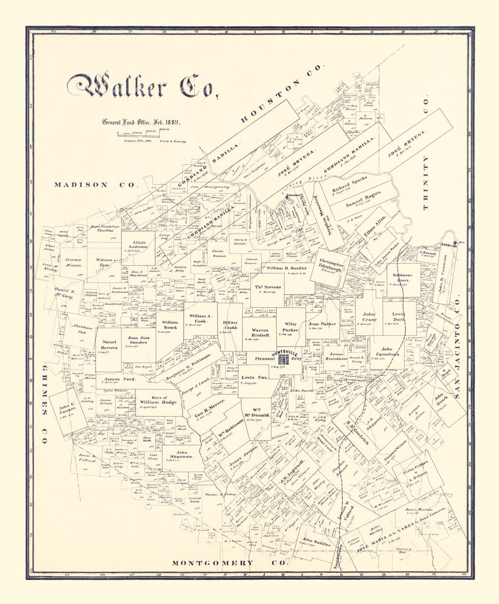 Vintage Map of Walker County, Texas 1889