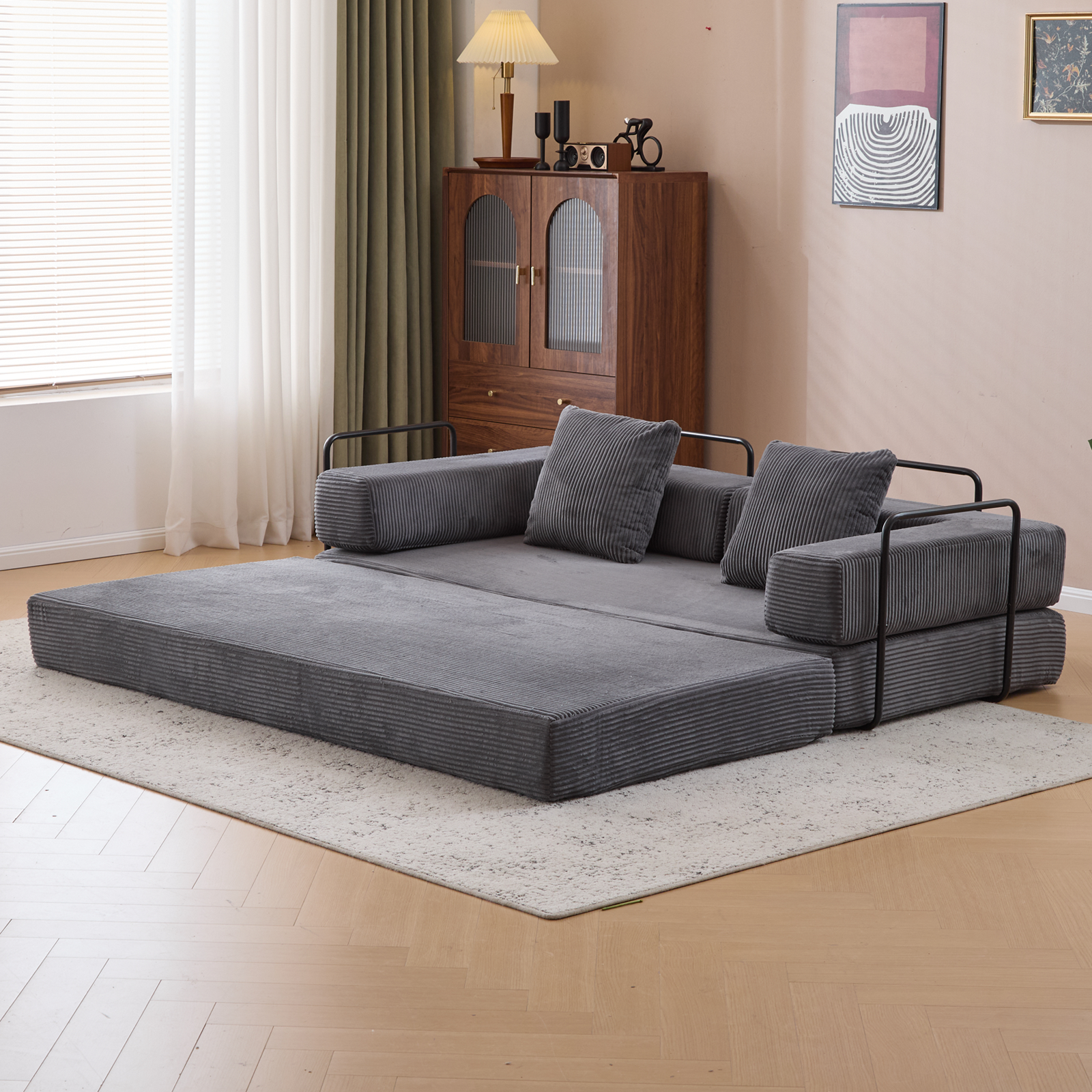 Floor Couch,Compression Sofa,Convertible Floor Sofa Bed-with Pillow Back Support Armrest,Comfy Futon Couch Lounge Sleeper Bed,Corduroy Fabric,for Living Room Bedroom (dark grey)