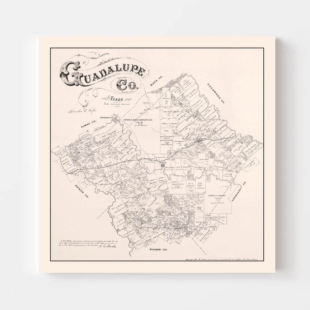 Vintage Map of Guadalupe County, Texas 1880