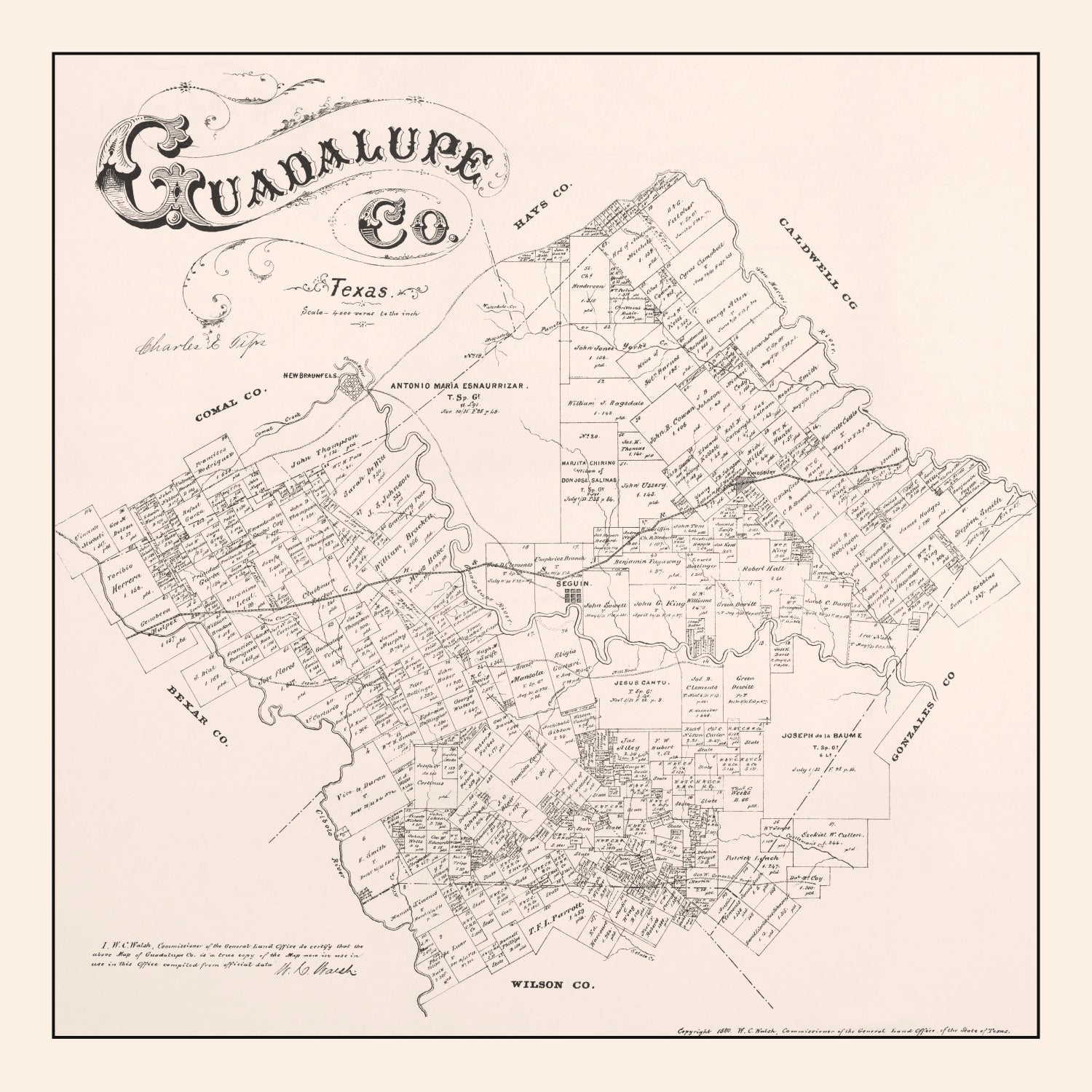 Vintage Map of Guadalupe County, Texas 1880