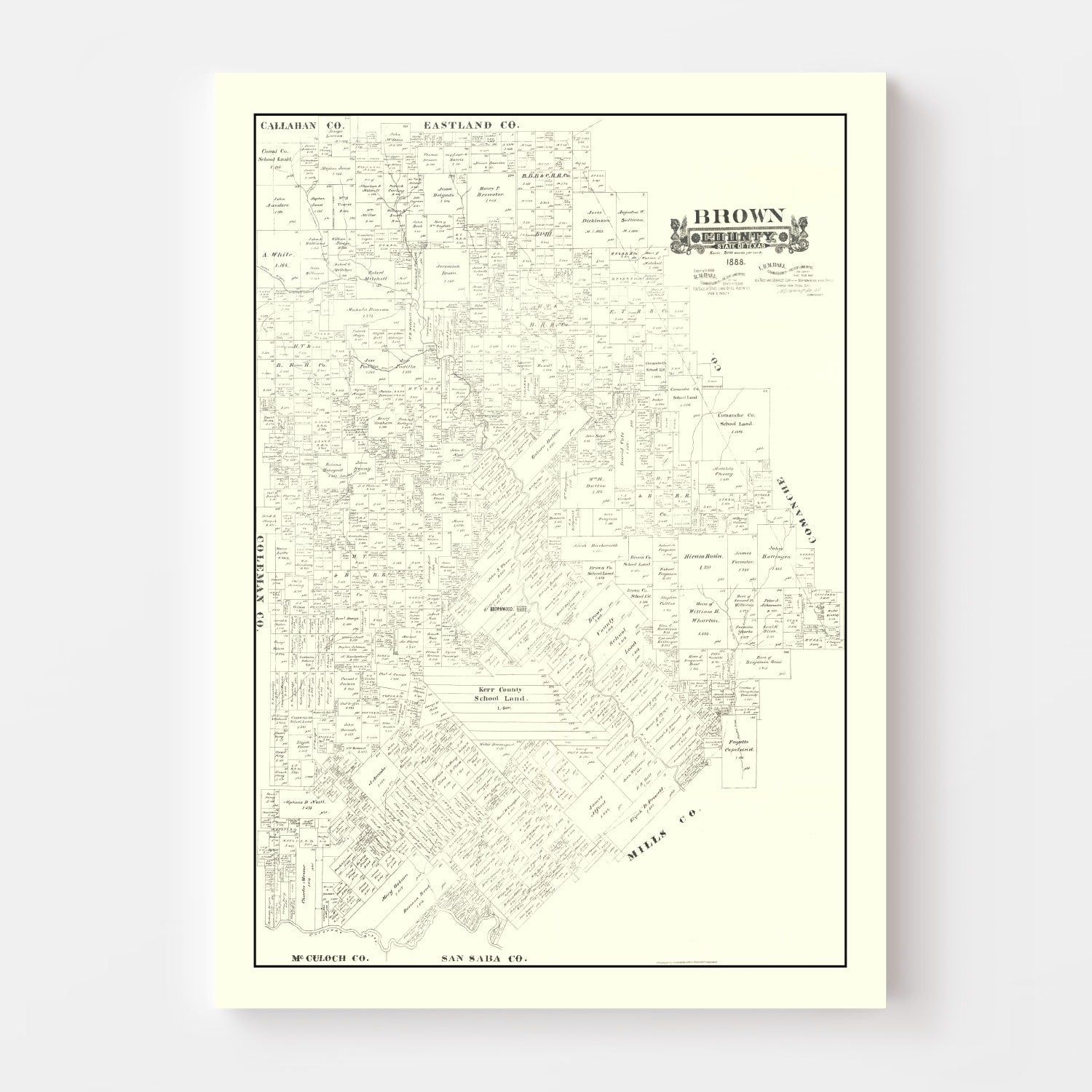 Vintage Map of Brown County, Texas 1888