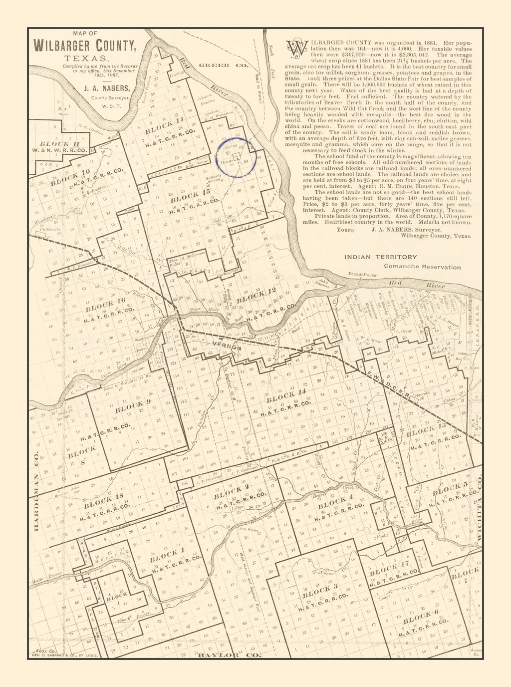 Vintage Map of Wilbarger County, Texas 1887