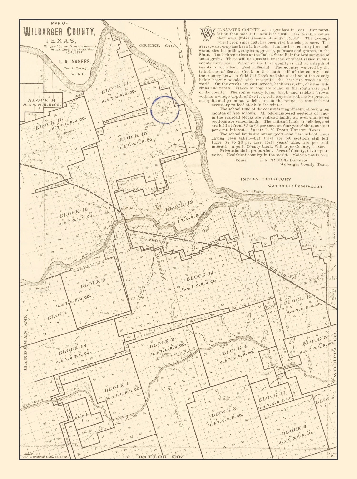 Vintage Map of Wilbarger County, Texas 1887