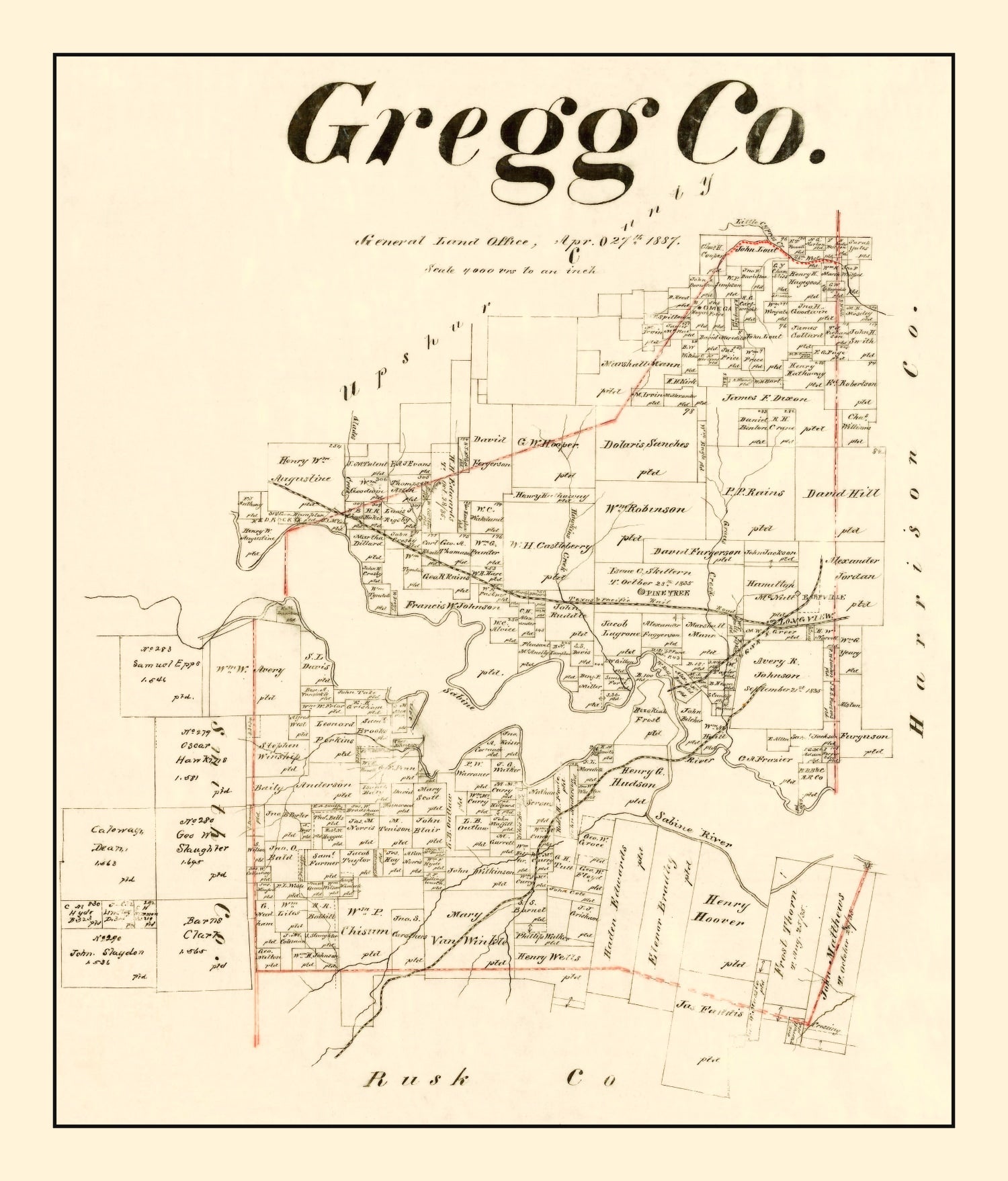 Vintage Map of Gregg County, Texas 1887