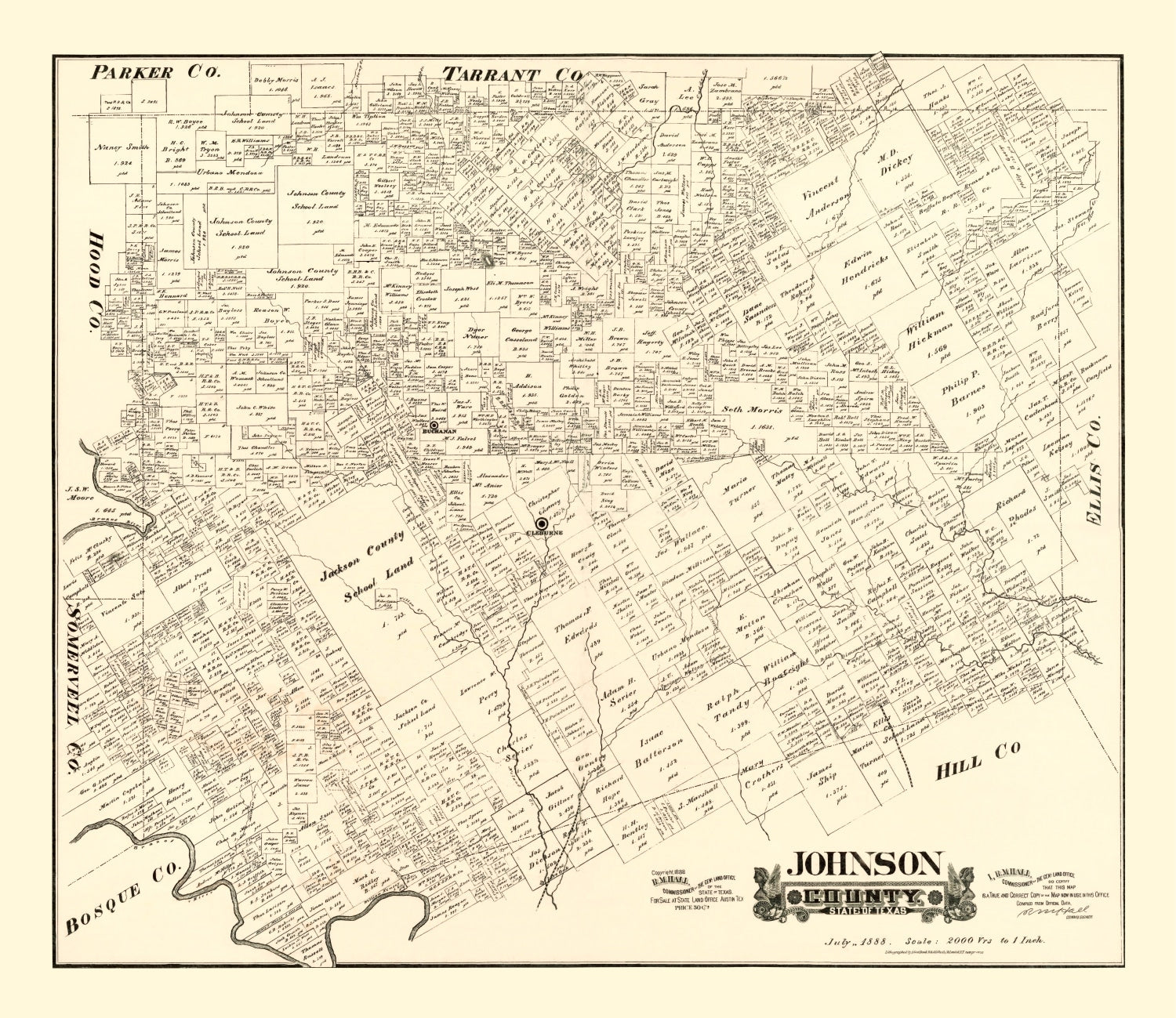 Vintage Map of Johnson County, Texas 1888
