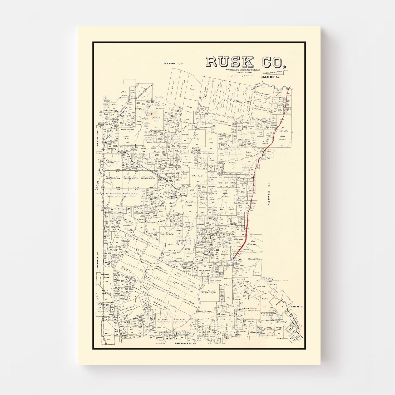 Vintage Map of Rusk County, Texas 1895