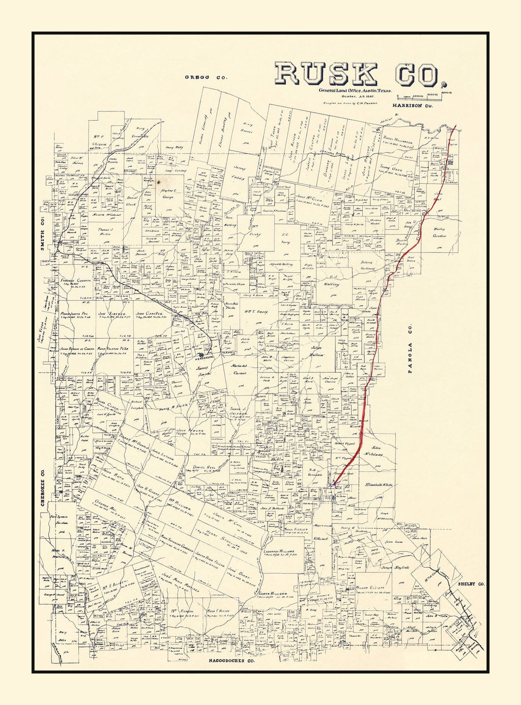 Vintage Map of Rusk County, Texas 1895