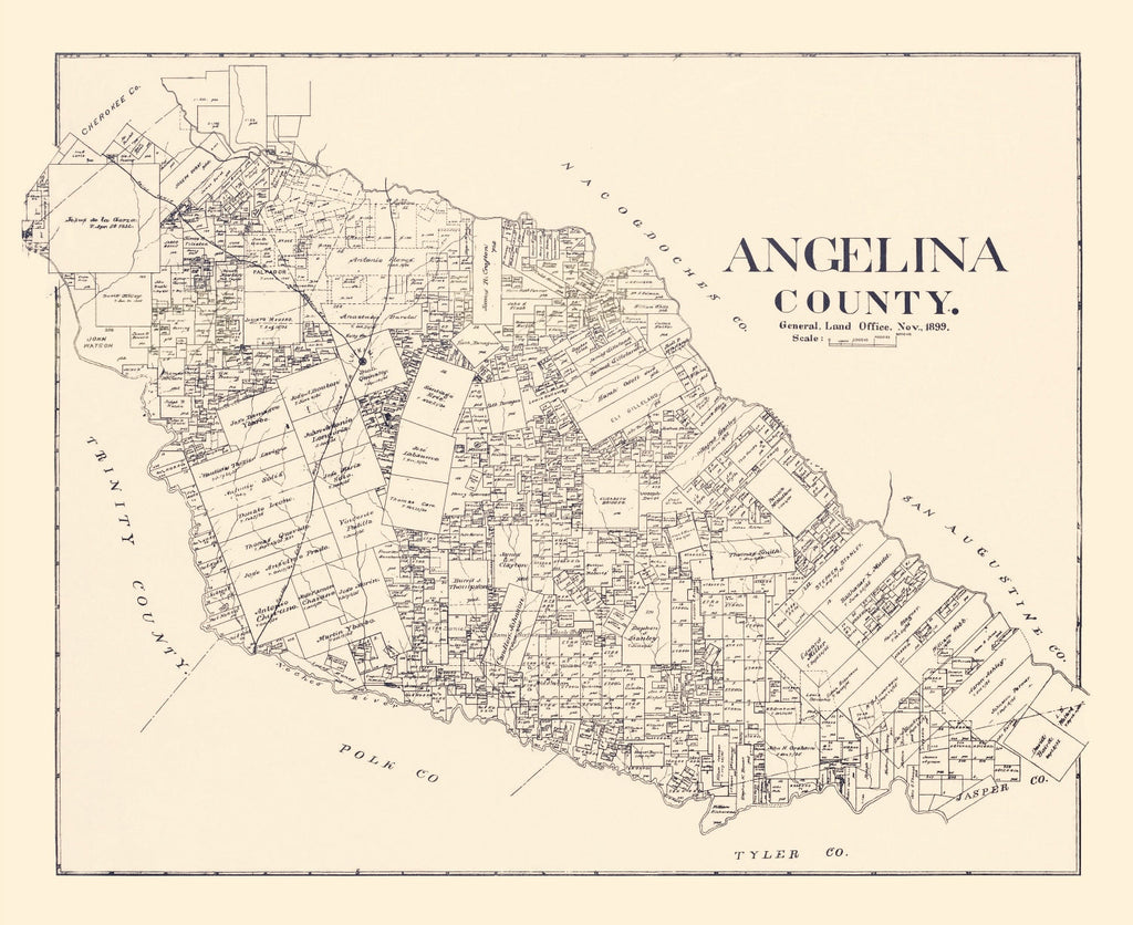 Vintage Map of Angelina County, Texas 1899