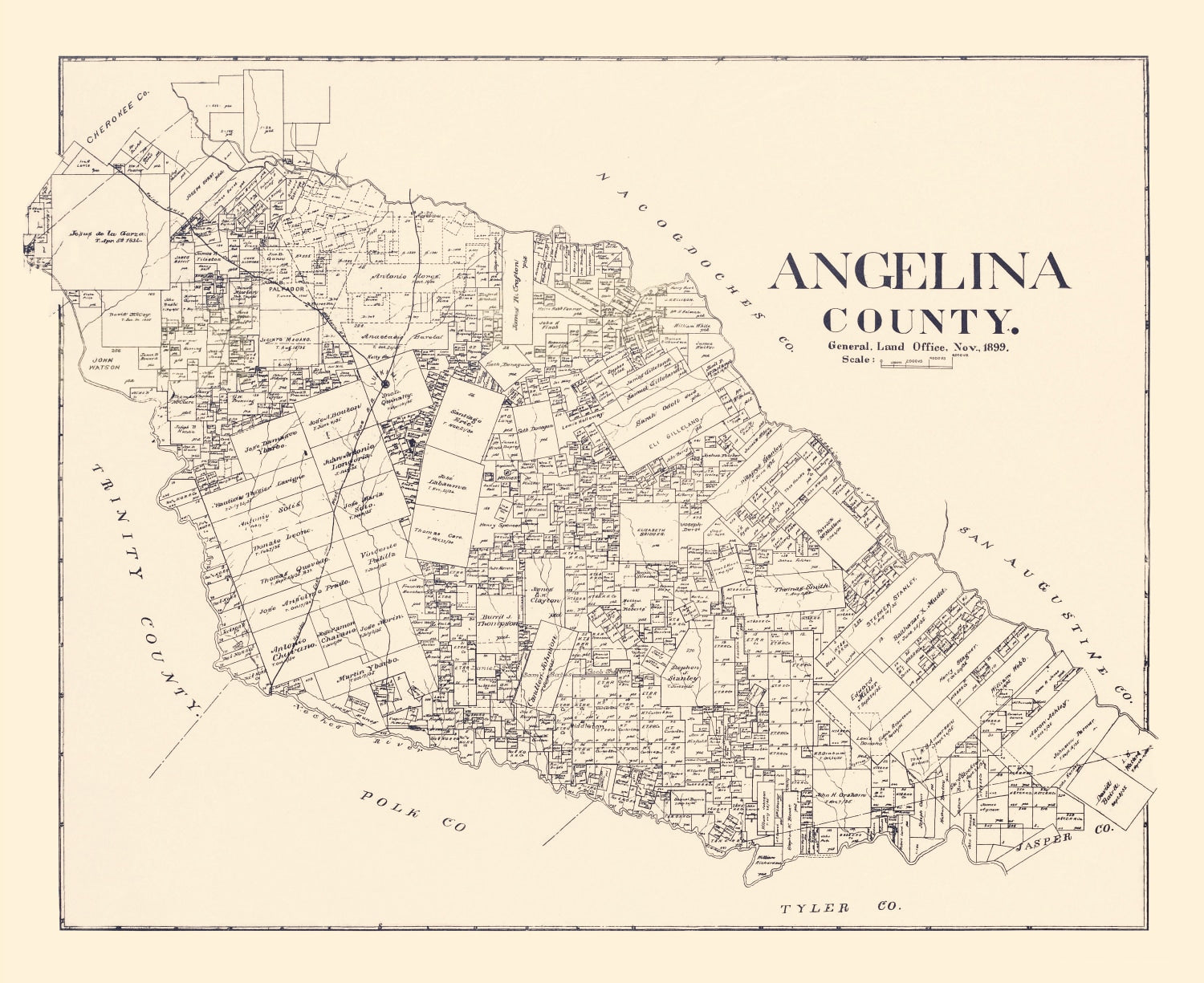 Vintage Map of Angelina County, Texas 1899