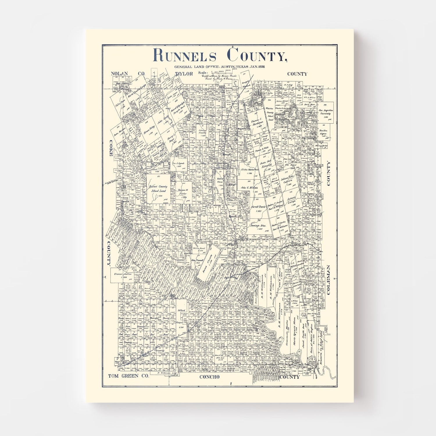 Vintage Map of Runnels County, Texas 1898